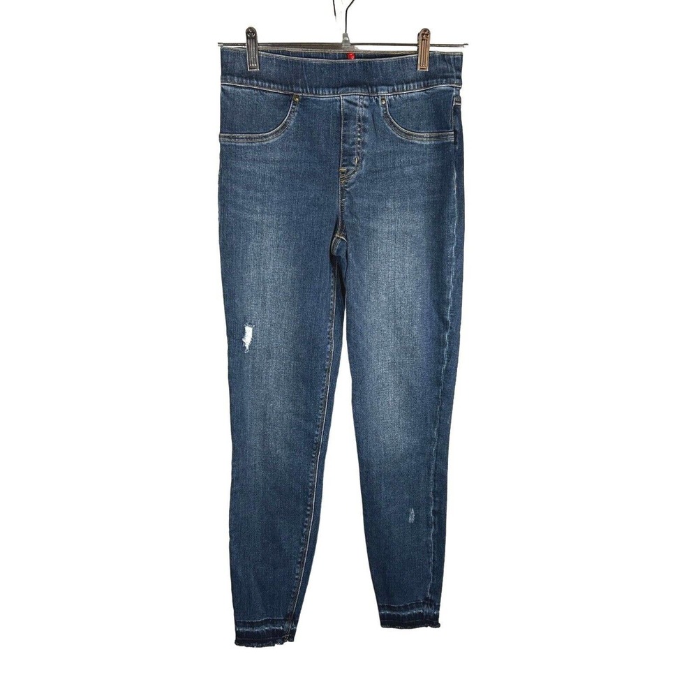 SPANX Size S Distressed Ankle Skinny Jeans Medium Wash Blue Pull On Released Hem